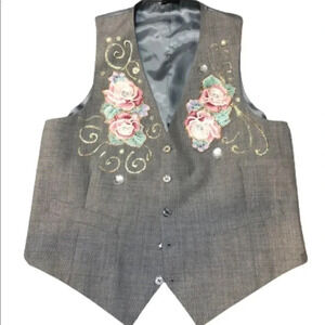 Vintage 80’s Vest Gray Floral Print Pearl Rhinestone Vest